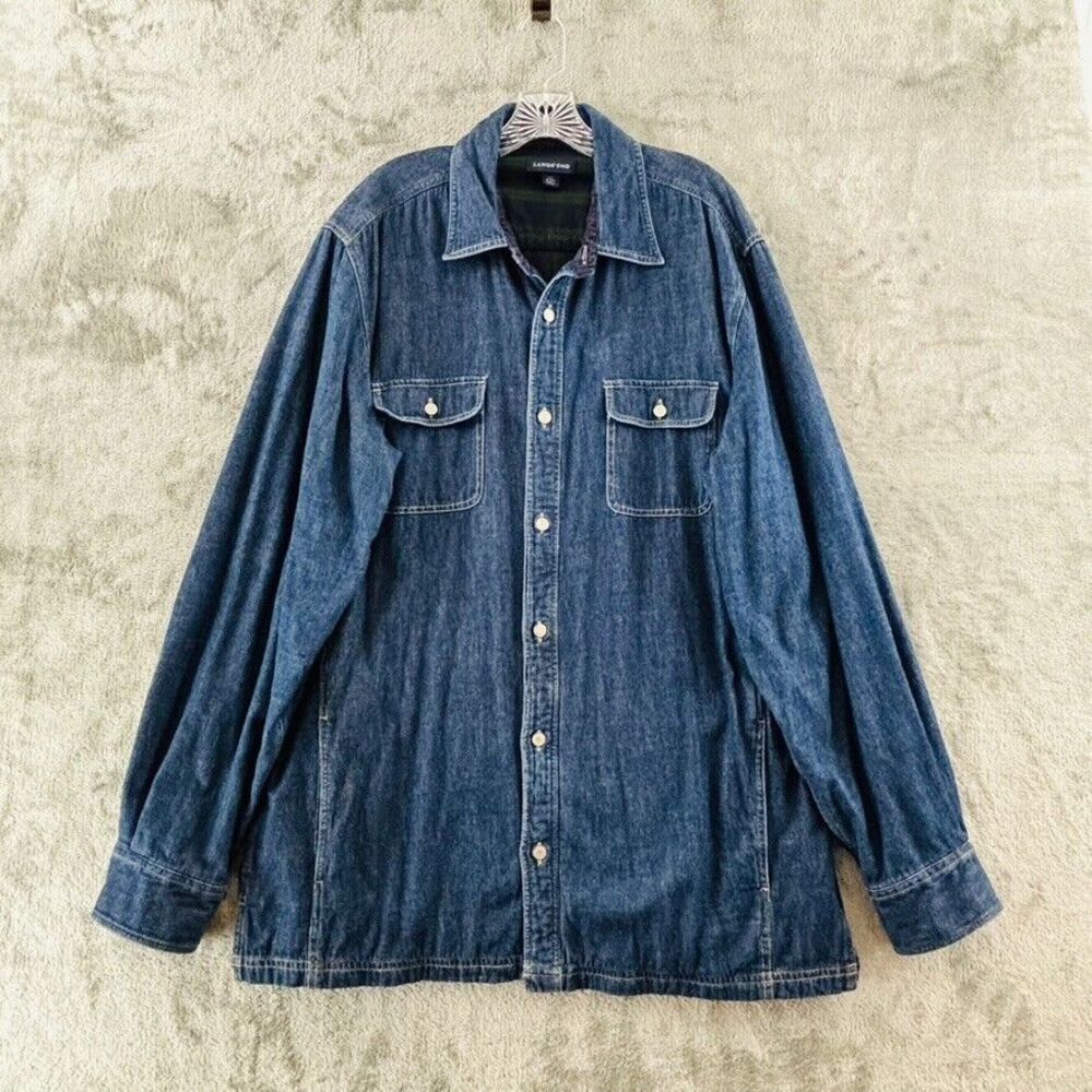 Lands' End Denim Flannel Lined Shacket Mens L Tall Shirt Jacket Pockets‎ Blue